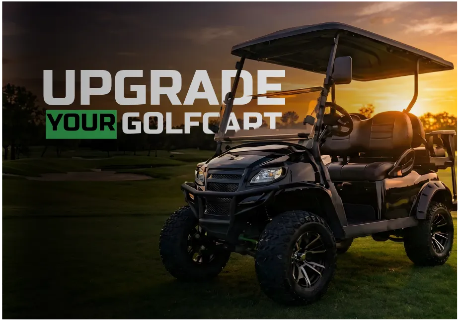 Custom lifted golf cart on grass with text reading Upgrade Your Golfcart.